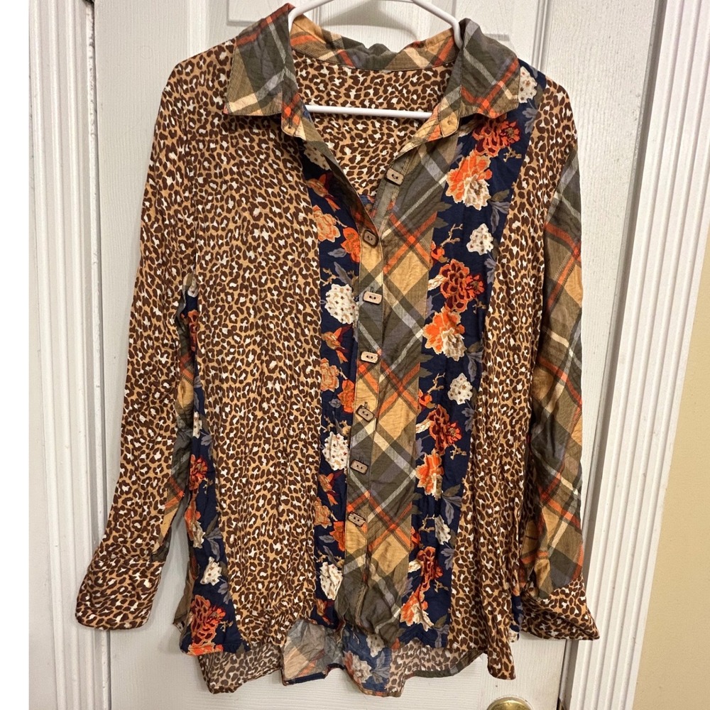 Mixed Print Patchwork Button Down Shirt Leopard Floral Plaid Wood Buttons L